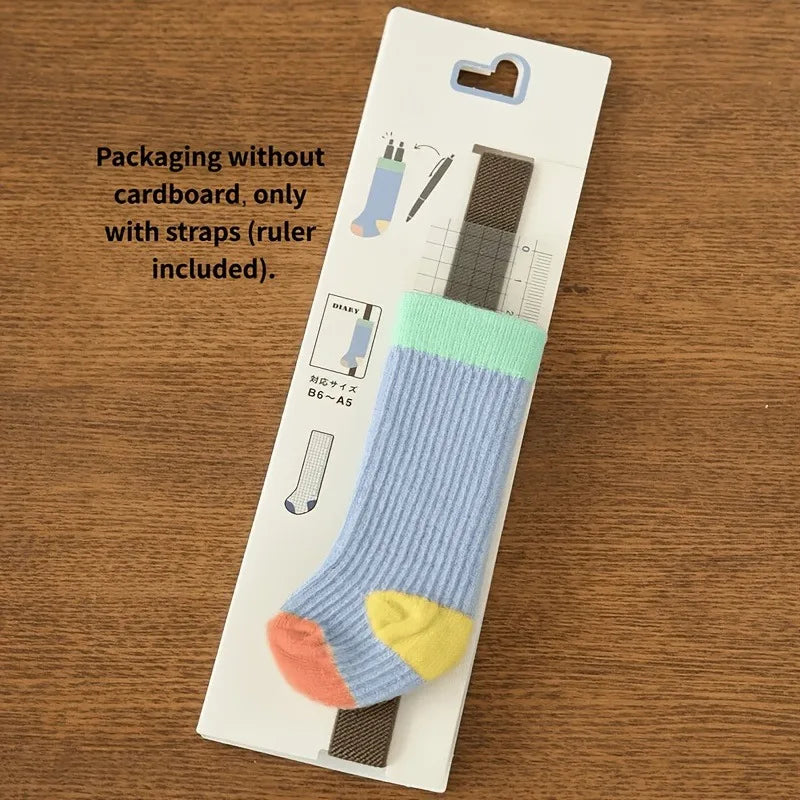 Japanese Retro Contrast-Color Sock-Style Pen Holder, Elastic Journal Binding Strap with Ruler, Portable Pen Organizer, Book Band