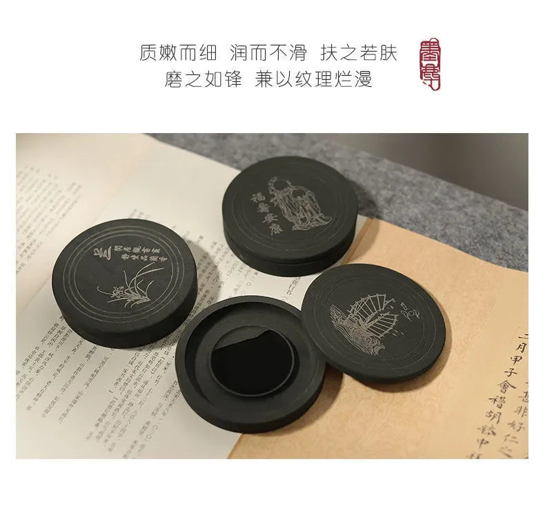 Natural Original Stone Inkstone Table with Cover End Ink Pond Plate Strip Grinding Student Beginners
