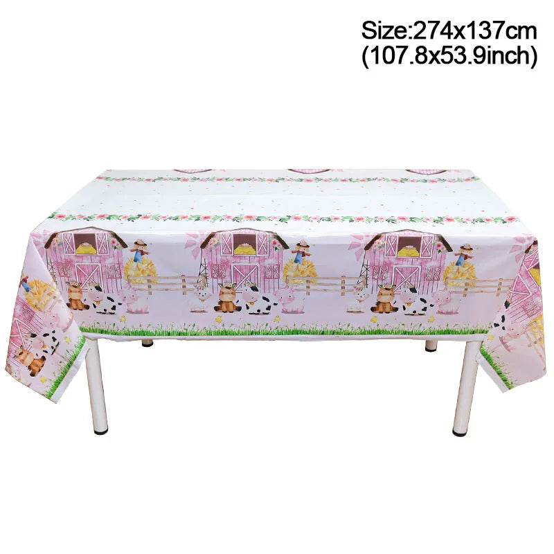 Pink Farm Animals Birthday Decor Disposable Tableware Set Paper Banner Floral Plates Baby Shower Girl Birthday Party Decorations
