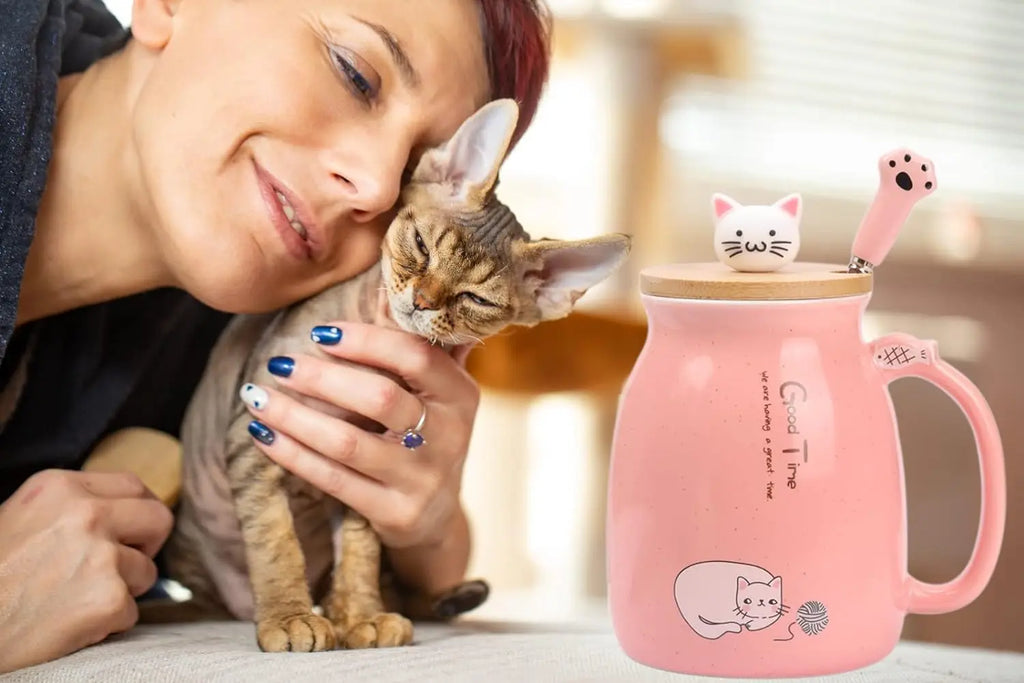 Kawaii Tea Cup Cute Cat Ceramic Coffee Mug with Kitty Lid and Spoon Japanese style Novelty Gifts for Women Cat lover Gifts 16oz