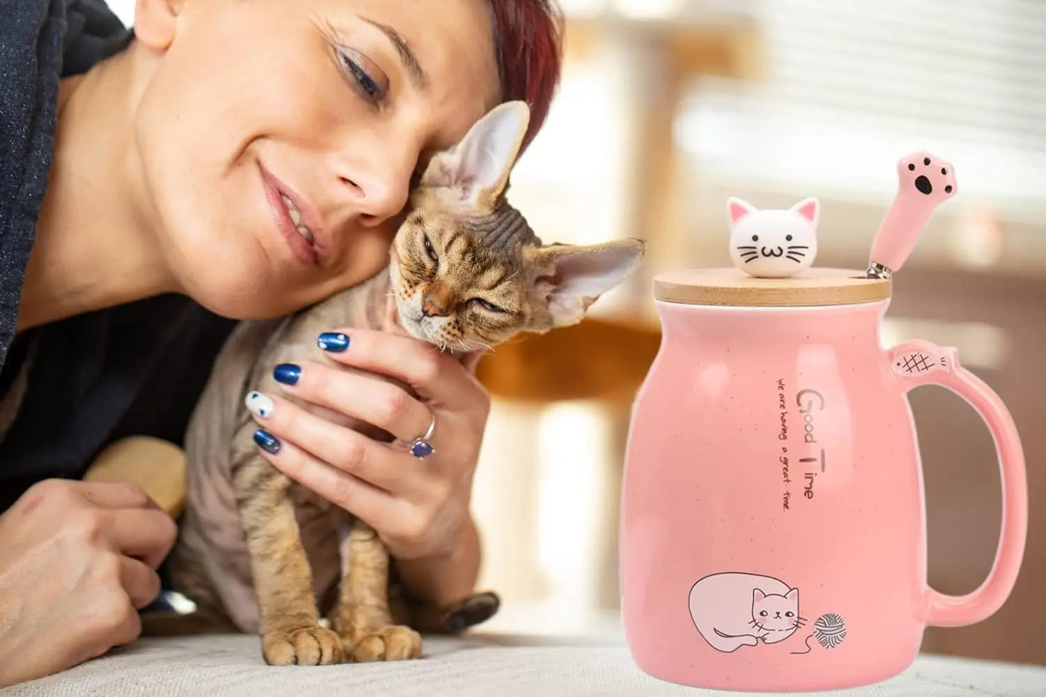 Kawaii Tea Cup Cute Cat Ceramic Coffee Mug with Kitty Lid and Spoon Japanese style Novelty Gifts for Women Cat lover Gifts 16oz