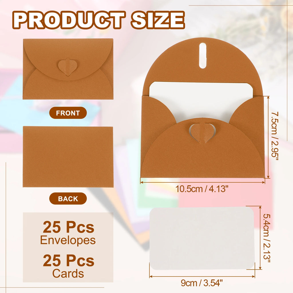 25Sets Mini Envelopes with Heart Clasp 9x5.4cm Blank Note Cards with 10.5x7.5cm Envelopes for Gift Wedding Invitation Graduation