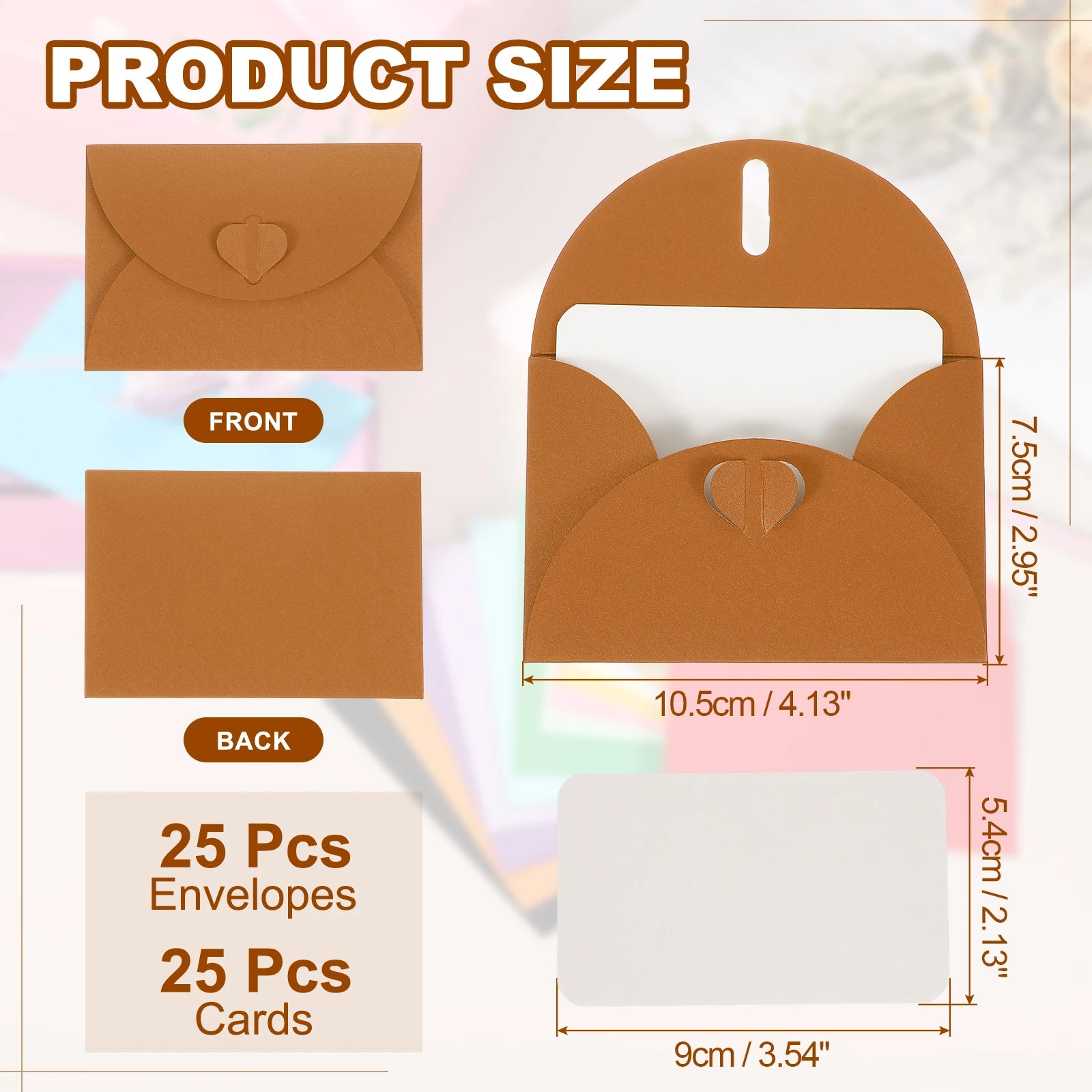 25Sets Mini Envelopes with Heart Clasp 9x5.4cm Blank Note Cards with 10.5x7.5cm Envelopes for Gift Wedding Invitation Graduation
