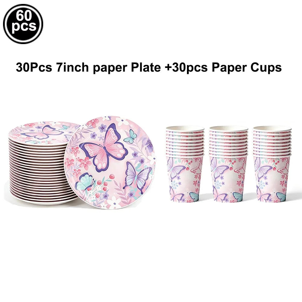 Butterfly Birthday Party Decoration Disposable Party Plates Cup Napkin Tablecloth Butterfly Knìfe Birthday Decoration Baby Showe