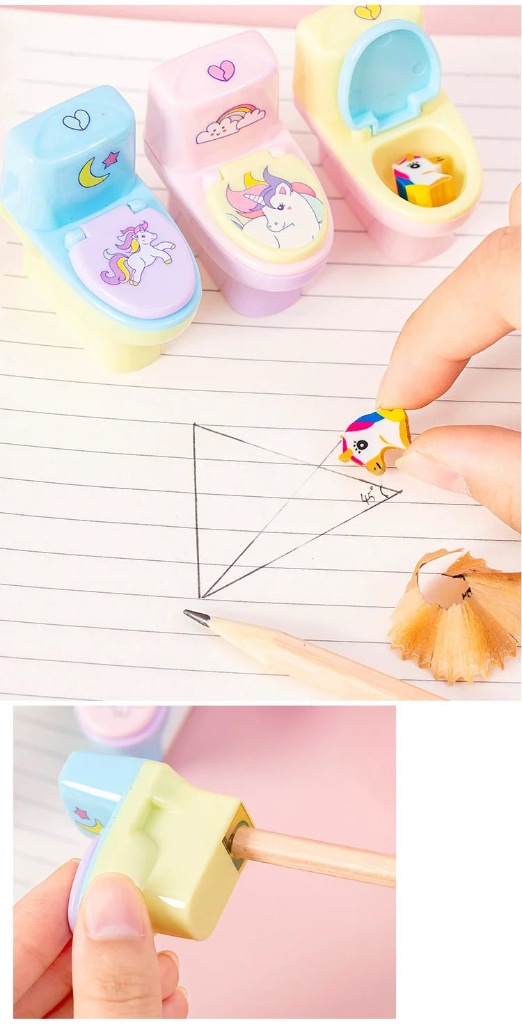 1 Piece Lytwtw's Stationery Pencil Sharpener Creative Toilet Shape Cartoon Unicorn School Supplies Gift Accessories with Eraser