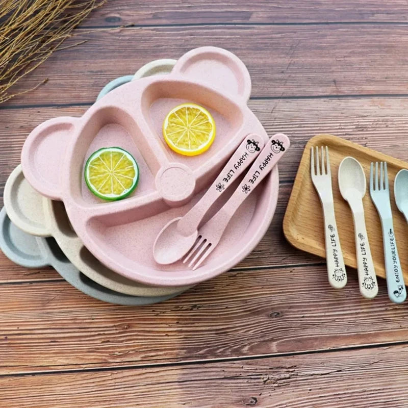 3Pcs/set Wheat Straw Baby Dishes Cartoon Tableware Set Kids Dinner Platos Baby Feeding Plate Training Bowl Spoon Fork Tableware