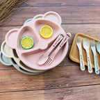 3Pcs/set Wheat Straw Baby Dishes Cartoon Tableware Set Kids Dinner Platos Baby Feeding Plate Training Bowl Spoon Fork Tableware