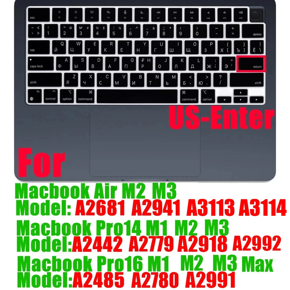 Russian Silicone Keyboard Cover Protector for Macbook Air13/12/15/16Pro Touchbar A2992/A3113/A2941/A1990/A3114/A2289A2337/A2141