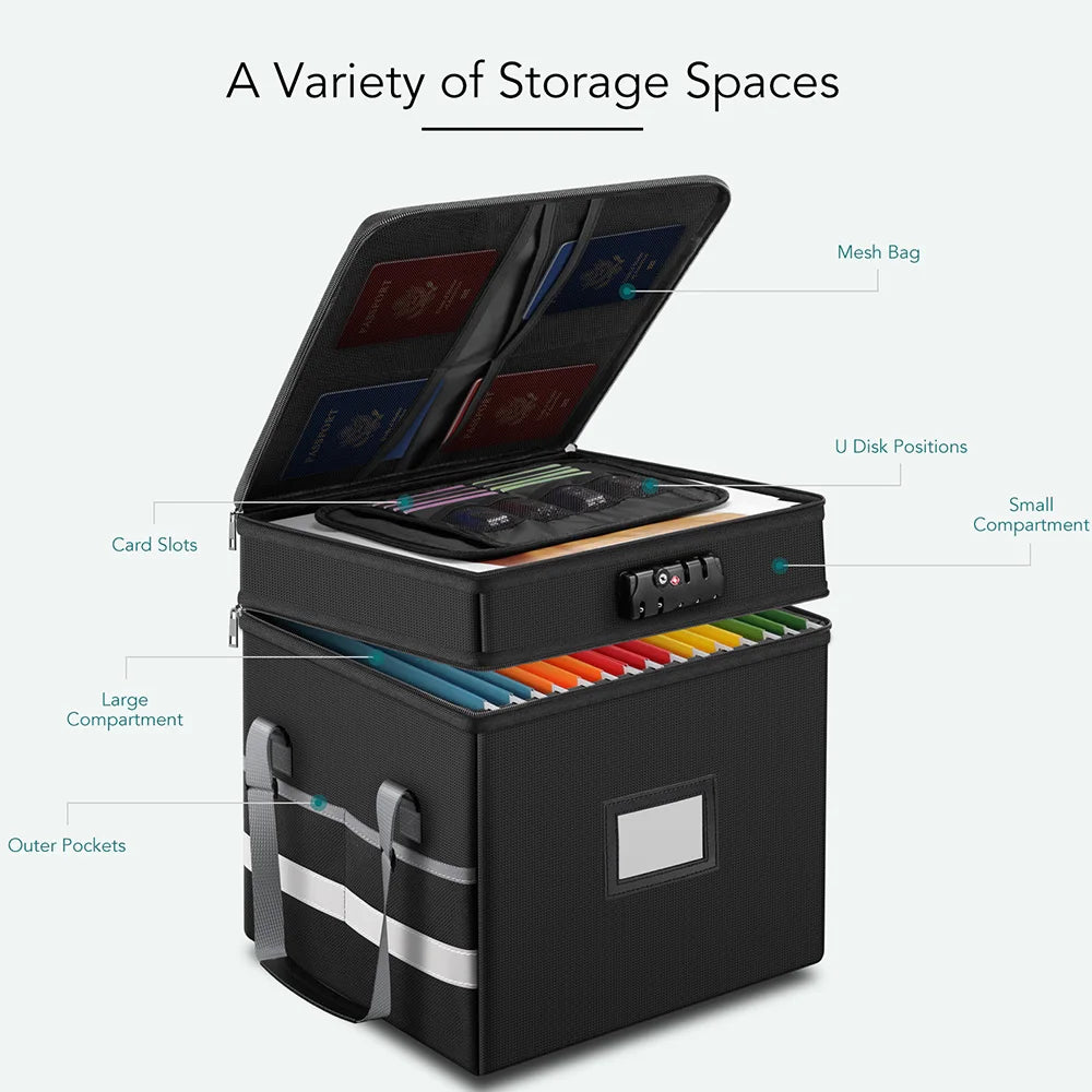 File Box with Lock Multi-Layer Fireproof File Organizer Foldable Storage Box Large Portable Home Office File Organizer Box