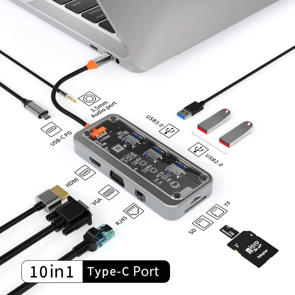 Basix USB C HUB 4K 30Hz Type C to HD-MI DP VGA Gigabit Ethernet USB 3.0 PD 100W Adapter For Macbook Air Pro M2 M1 PC Accessories