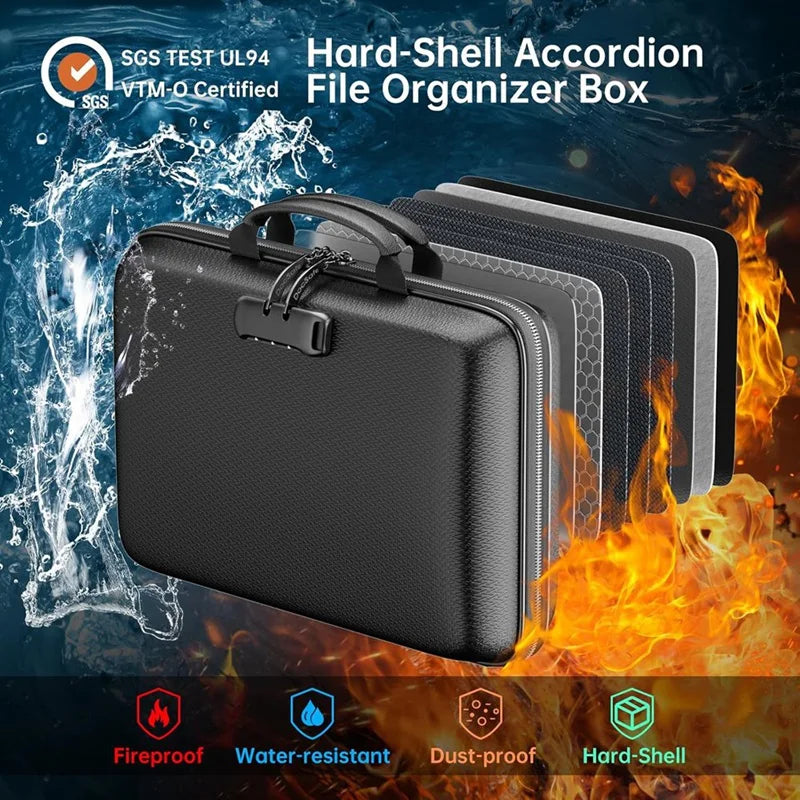 Fireproof File Organizer with Lock, Hard-Shell Case Fireproof Document Box with 13 Accordion File Folder, for Important