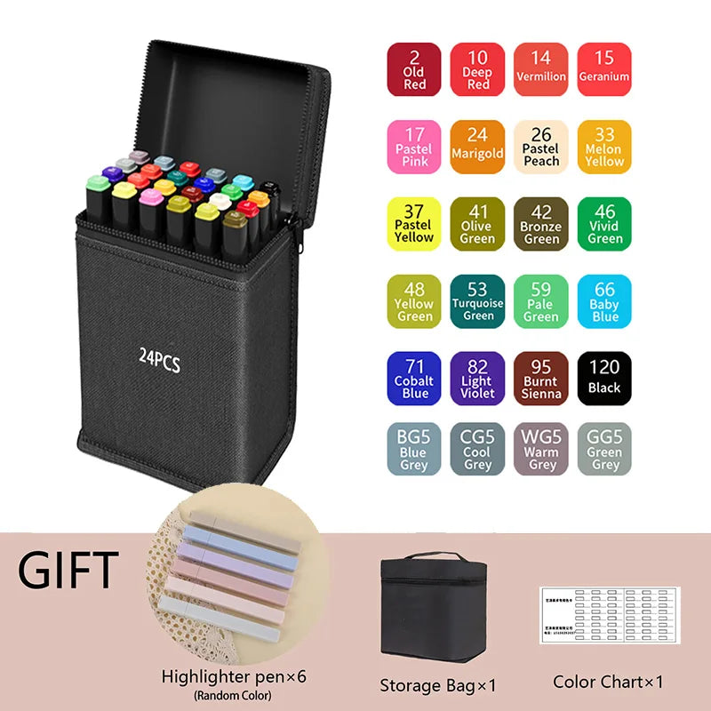24-262 Colors Alcohol Drawing Markers Dual Tip Permanent Art Sketch Markers for Illustration School Supplied