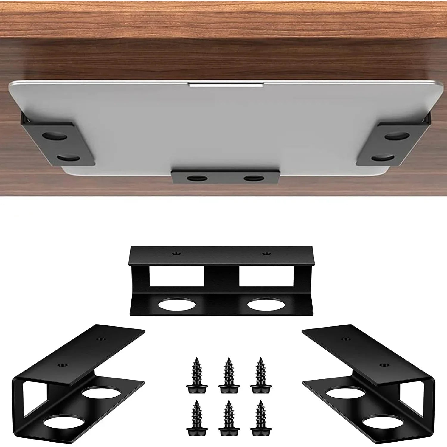 Under Desk Laptop Mount Metal Under Desk Shelf Holder for Laptop for Mac Mini Macbook Keyboard with Anti-Scratch Silicone
