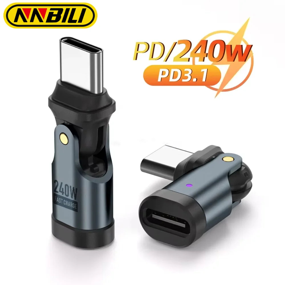 NNBILI 180 Rotation PD240W USB3.1 USBC to Type C OTG Adapter 5A Fast Charge Cable Converter for iPhone 16 MacBook Samsung Xiaomi