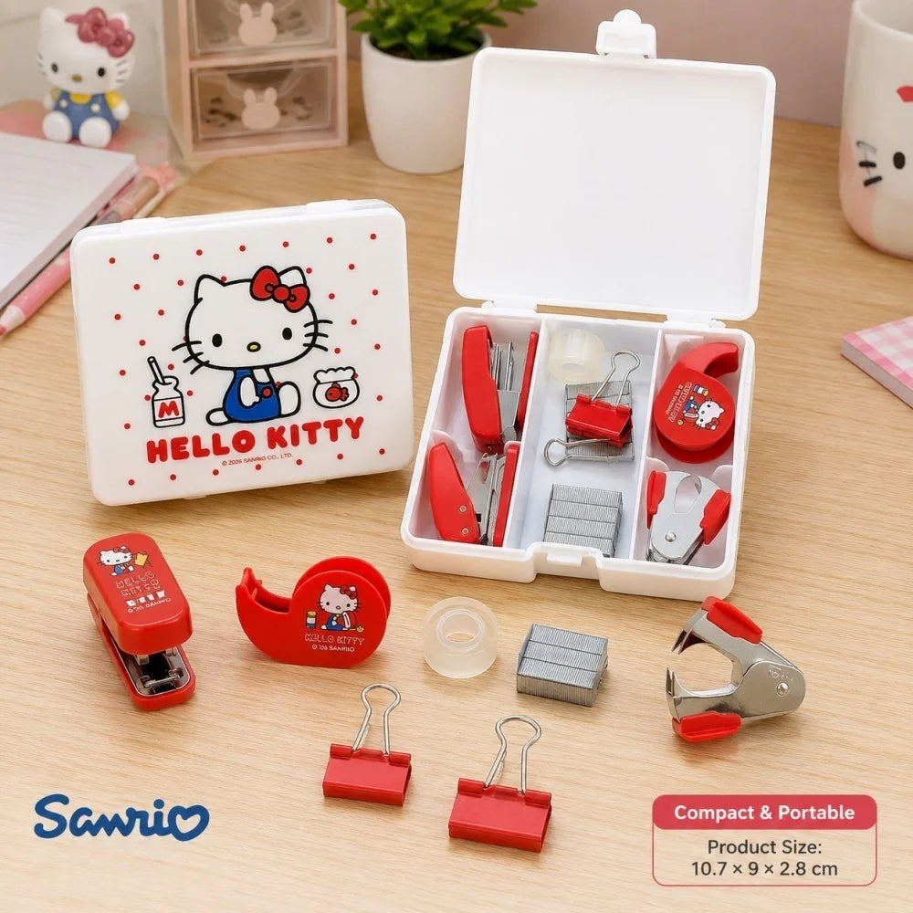 Genuine Hello Kitty Sanrio Desktop Stationery Kit Mini Stapler Tape Clips Staples Storage Box Study Office Supplies Gifts
