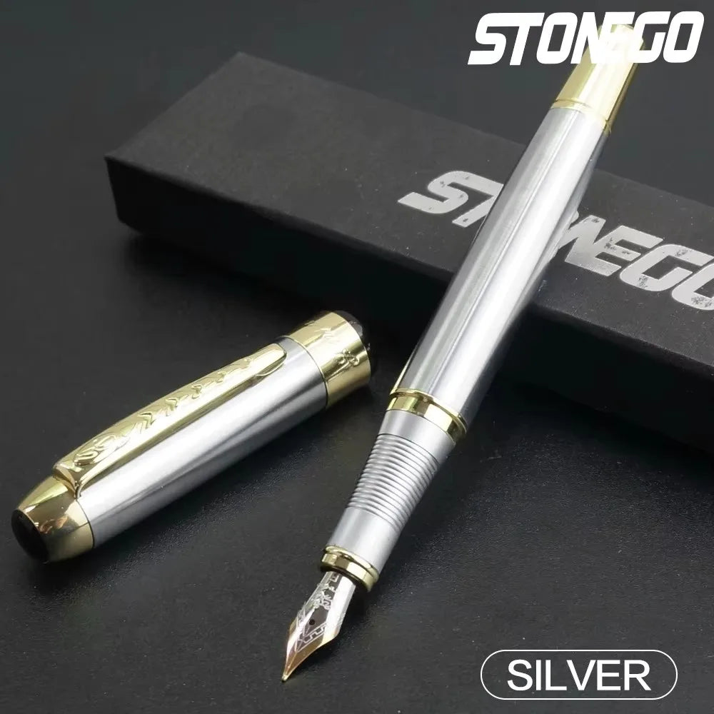 STONEGO 0.38mm Extra Fine Nib Fountain Pen, Black Metal Calligraphy Writing Gift Pen