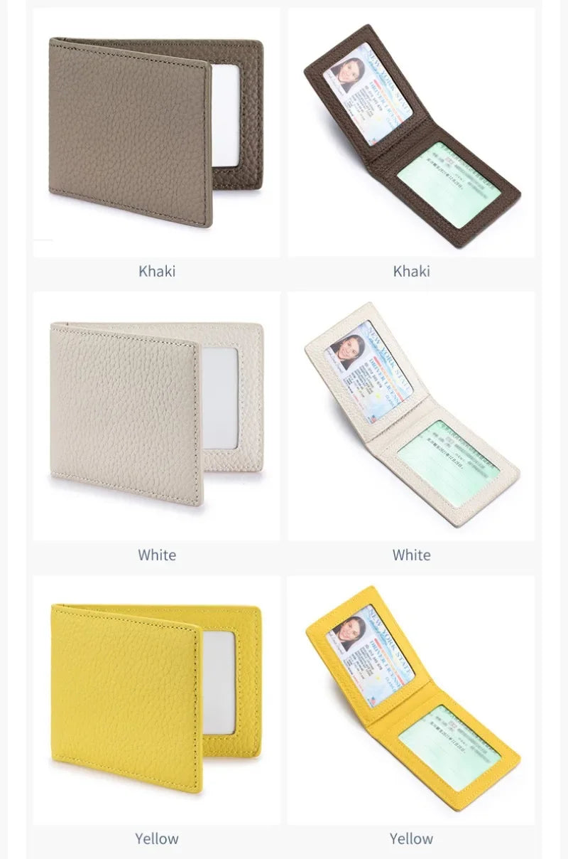 Thin Minimalist Bifold Design Driver's Licence Cover Genuine Leather ID Badge Window Slot Credit and Debit Vaccinum Cards Holder
