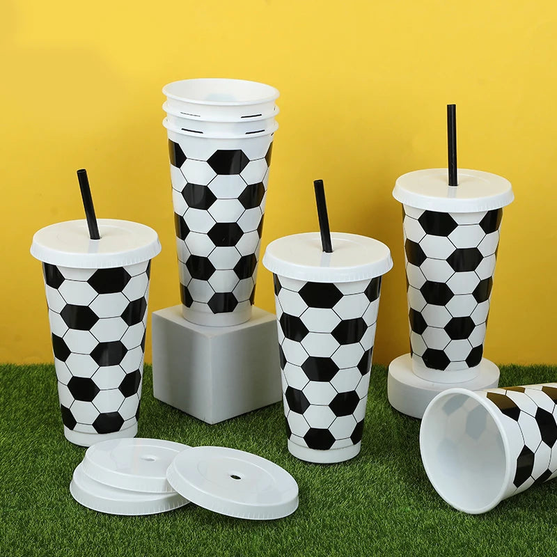 6/12pcs Reusable Plastic Soccer Cups with Lid Straws Kids Football Party Favors Sports Themed Birthday Decoration Supplies Gifts