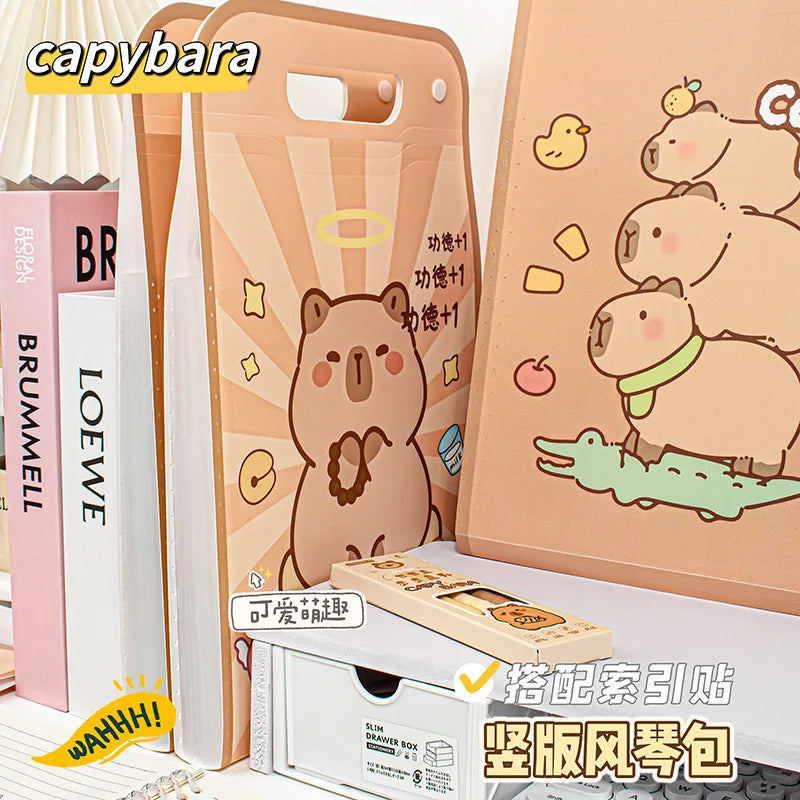 Vertical Accordion File Folder with Capybara Cartoon Print, Large Capacity for Test Papers, Student Tote Bag with Handle