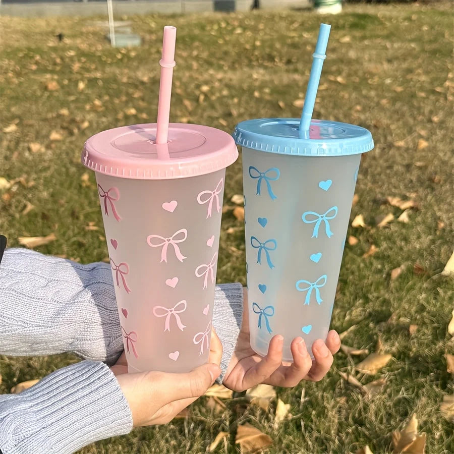 2/20pcs 24oz Reusable Party Cups with Straw & Lid Cute Bow Plastic Tumblers for Cold Drinks Home Office Outdoor Use Summer Gift
