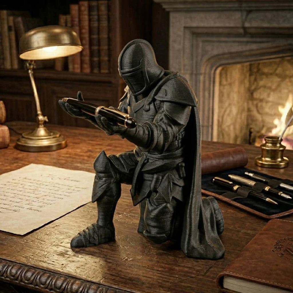 (9*7.6cm) 3D Printed Medieval Knight Pen Holder Black Silver Warrior Statue Desk Organizer Creative Office Decor Stationery Gift