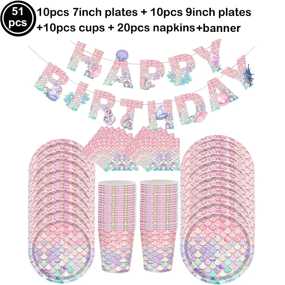 Mermaid Party Supplies Mermaid Scales Pattern Paper Plate Cup Napkin Popcorn Box Food Bowl Girl Birthday Party Baby Shower Decor