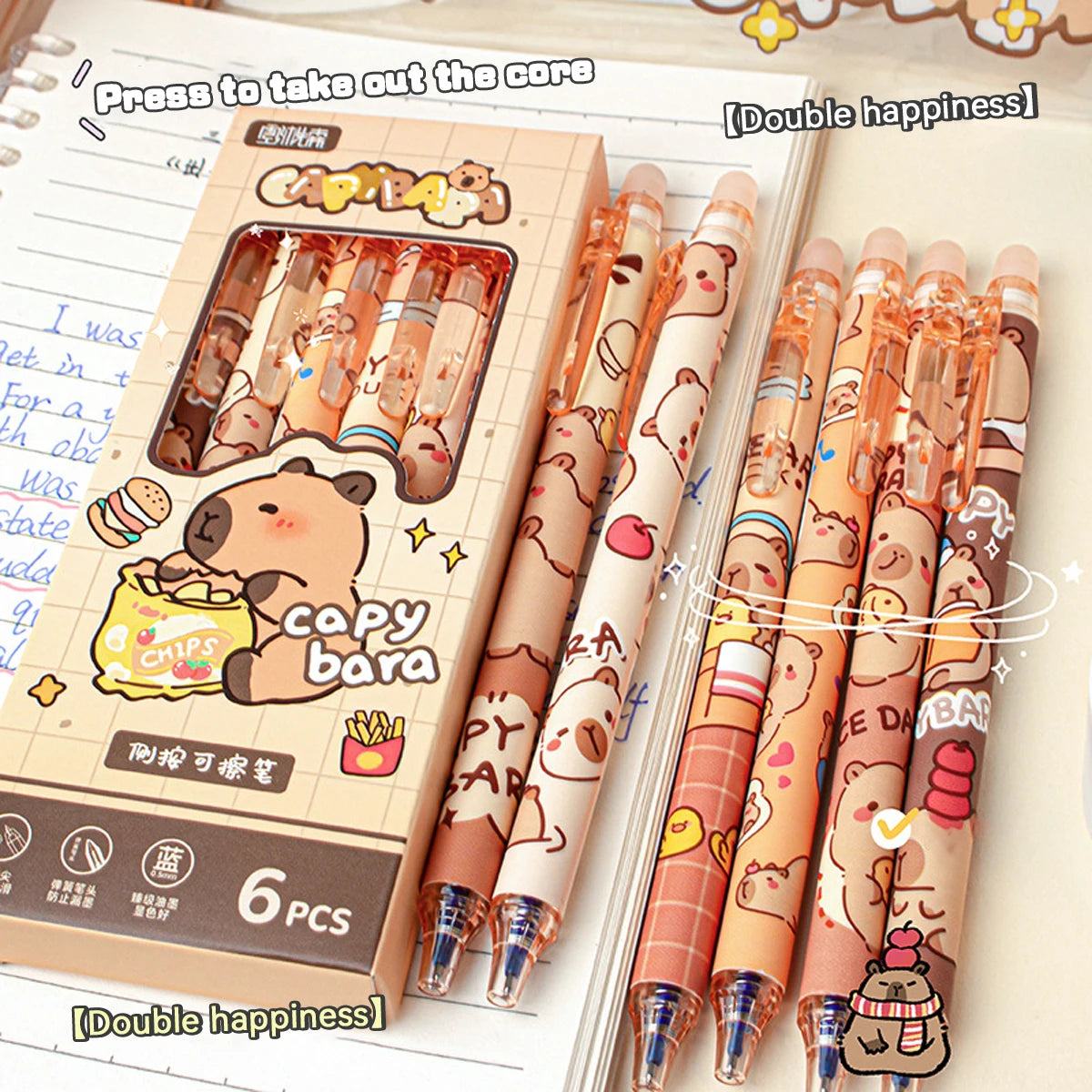 Capybara Erasable Pens 6pcs Refillable Ink Gel Pen Smudge-Free Cute Animal School Supplies for Students Office Stationery Gifts