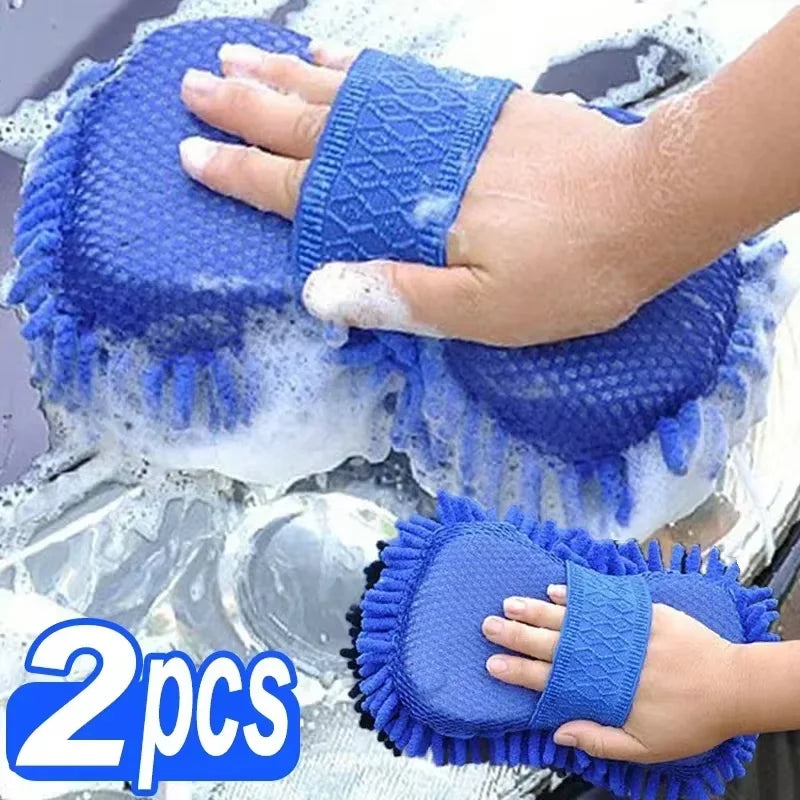 1/2Pcs Blue Microfiber Chenille Auto Cleaning Kit, Car Wash Sponge Pad Washing Glove Towel, Essential Auto Detailing Accessories