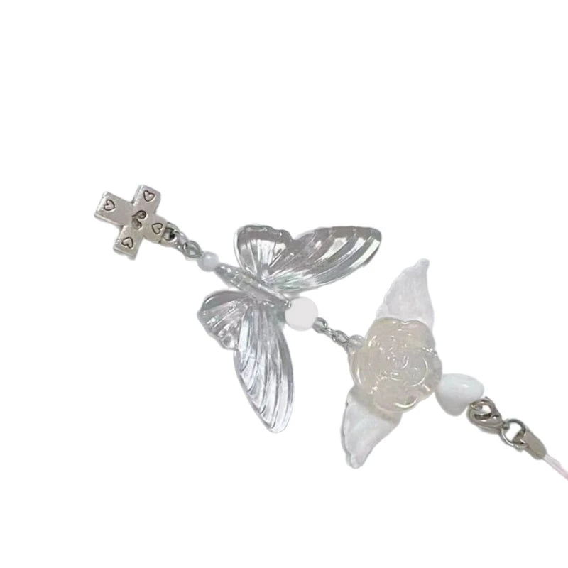Sweet Bowknot Pendant Phone Chain Rope Wing Keychain Handmade Cellphone Strap Lanyard Acrylic Keyring Bag Ornament