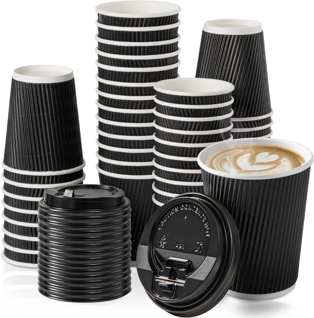 12OZ Black Disposable Coffe Cups with Lids Corrugated Triple Wall To Go Hot Cups Insulated Paper Cups for Hot Drinks Home Office
