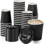12OZ Black Disposable Coffe Cups with Lids Corrugated Triple Wall To Go Hot Cups Insulated Paper Cups for Hot Drinks Home Office
