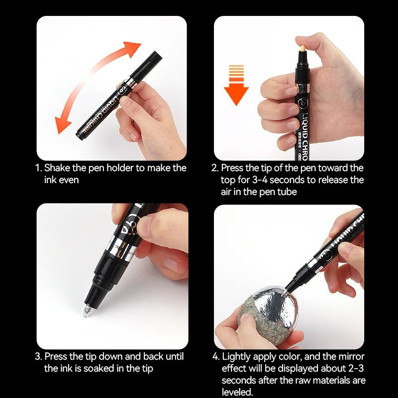 1-6pcs Chrome Pen Marker Mirror Waterproof DIY Reflective Paint Repair for Rock Ceramic Glass Metallic Gold/Silver 0.8/1/2mm Nib