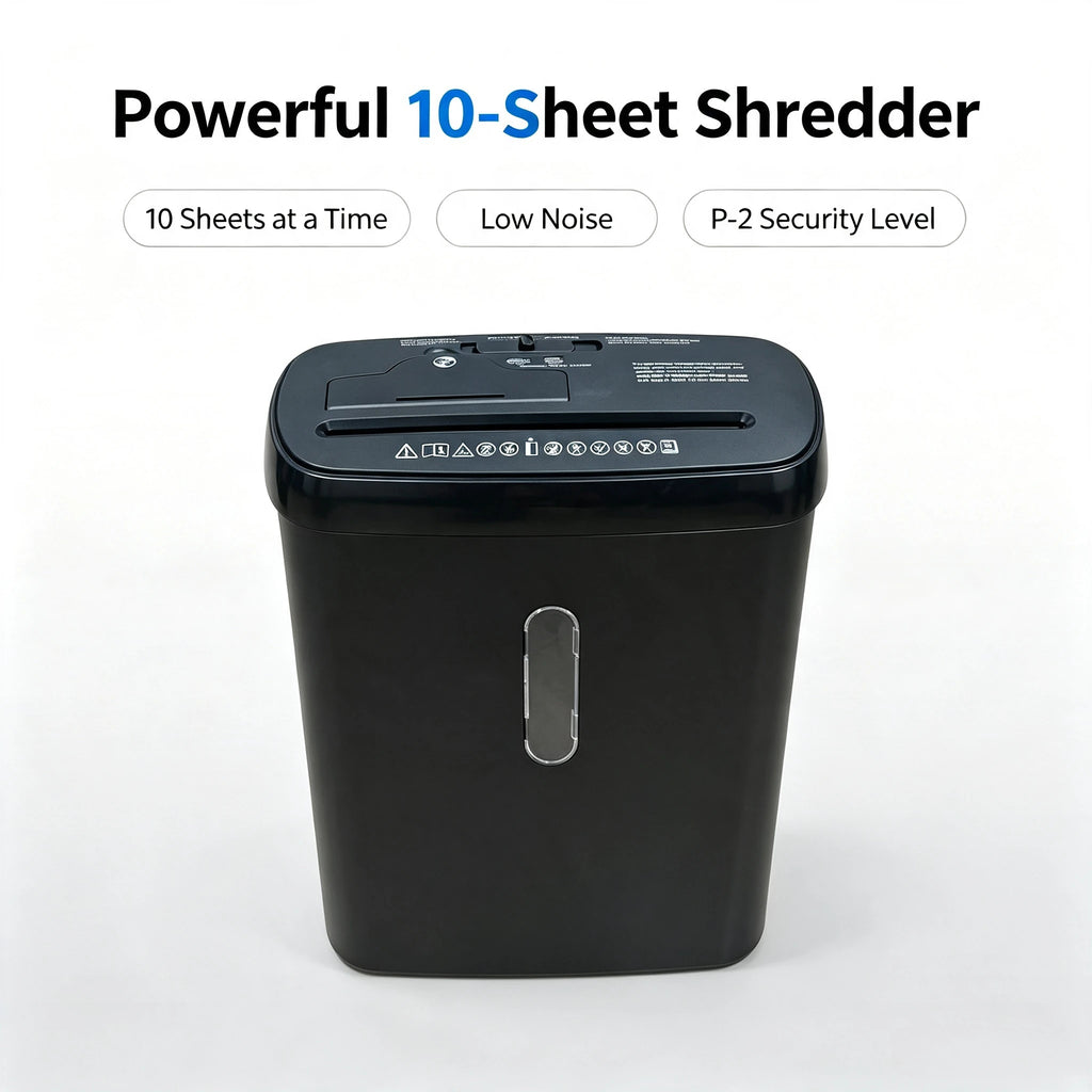 Home Office Paper Shredder, 10-Sheet Strip Cut P-2 Security Level, CD & Credit Card Shredder, Low-Noise Jam-Proof, 5-Min Continuous Shredding, 3.17-Gallon Clear Basket