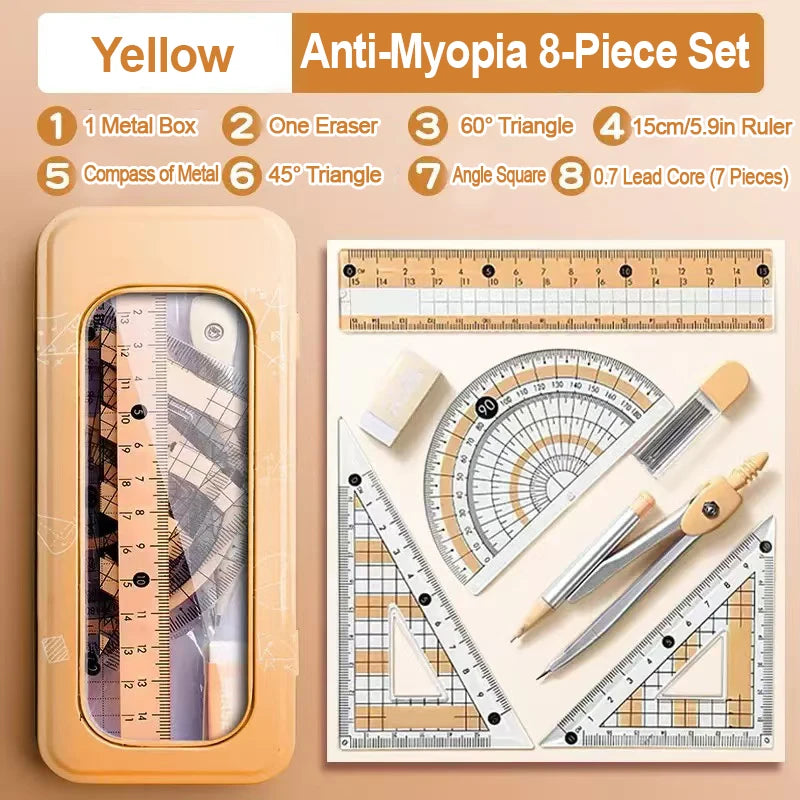 8-Piece Set of Measuring Rules for Students Including Compass Measuring Angle Ruler Triangular Ruler Measuring and Drawing Compl
