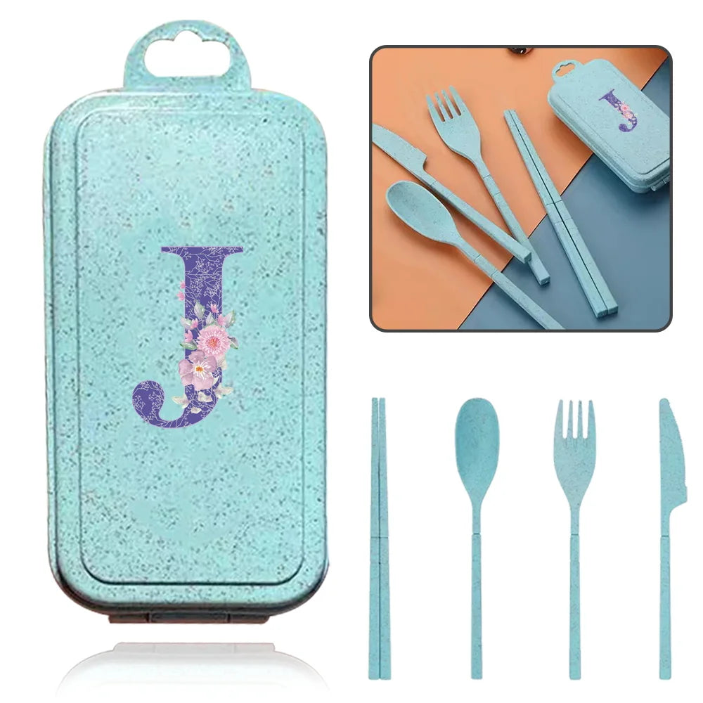 4Pcs Wheat Straw Cutlery Knife Spoon Fork Chopsticks Portable Set Plastic Detachable Dinnerware Purple Flower Letter Pattern