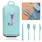 4Pcs Wheat Straw Cutlery Knife Spoon Fork Chopsticks Portable Set Plastic Detachable Dinnerware Purple Flower Letter Pattern