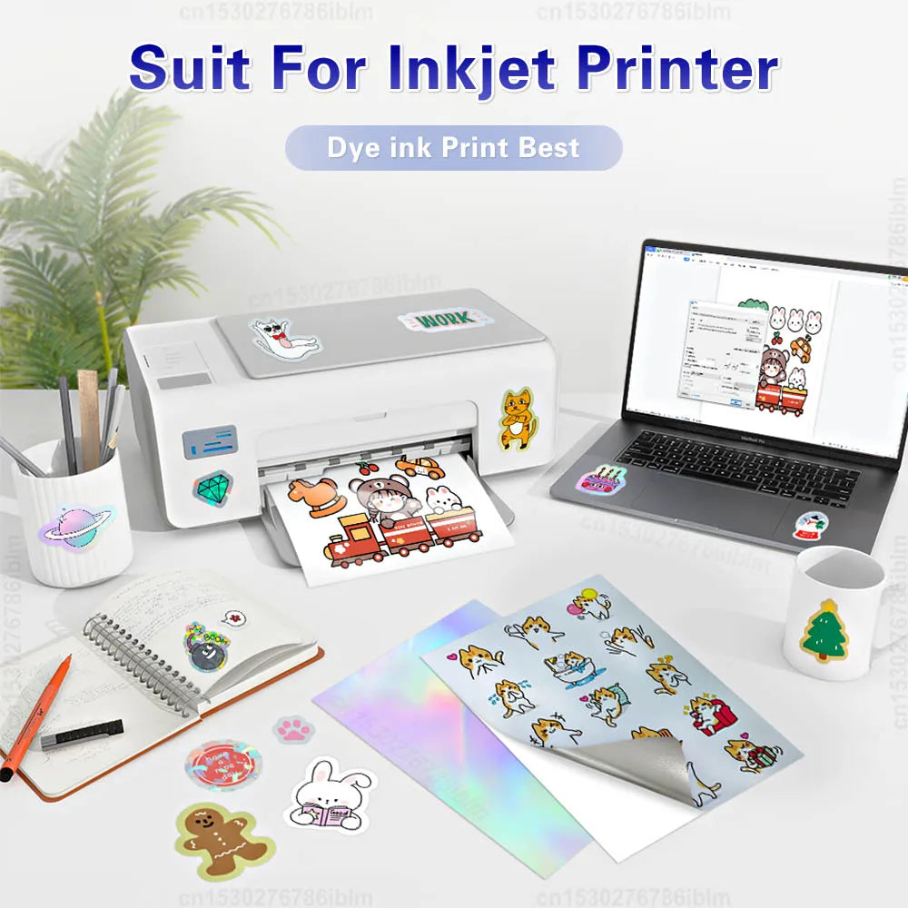 10 Sheets Printable Vinyl Sticker Paper Self-adhesive A4 Copy Paper DIY Holographic Transparent White Labels for Inkjet Printer