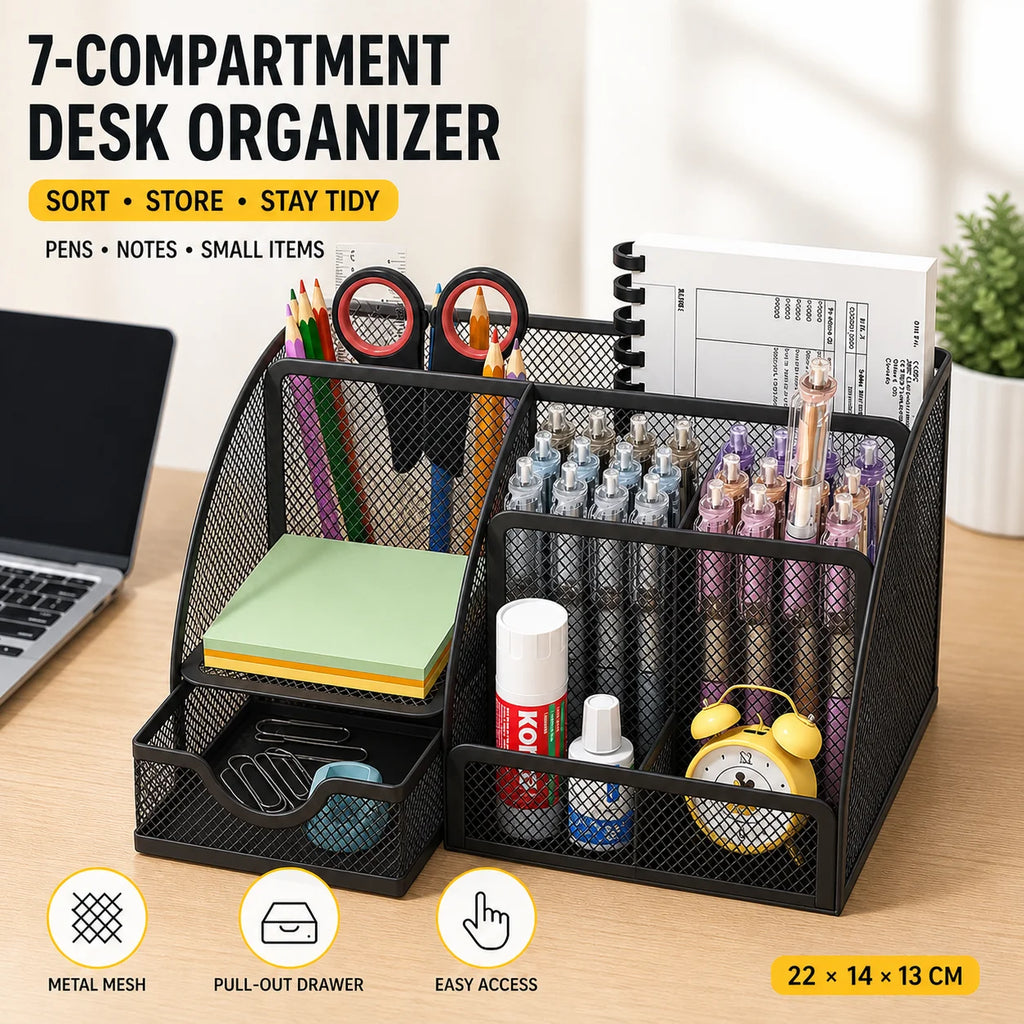 7 Compartment Metal Mesh Desktop Organizer with Drawer Pen Pencil Holder Stationery Storage for Home Office School Students Dorm