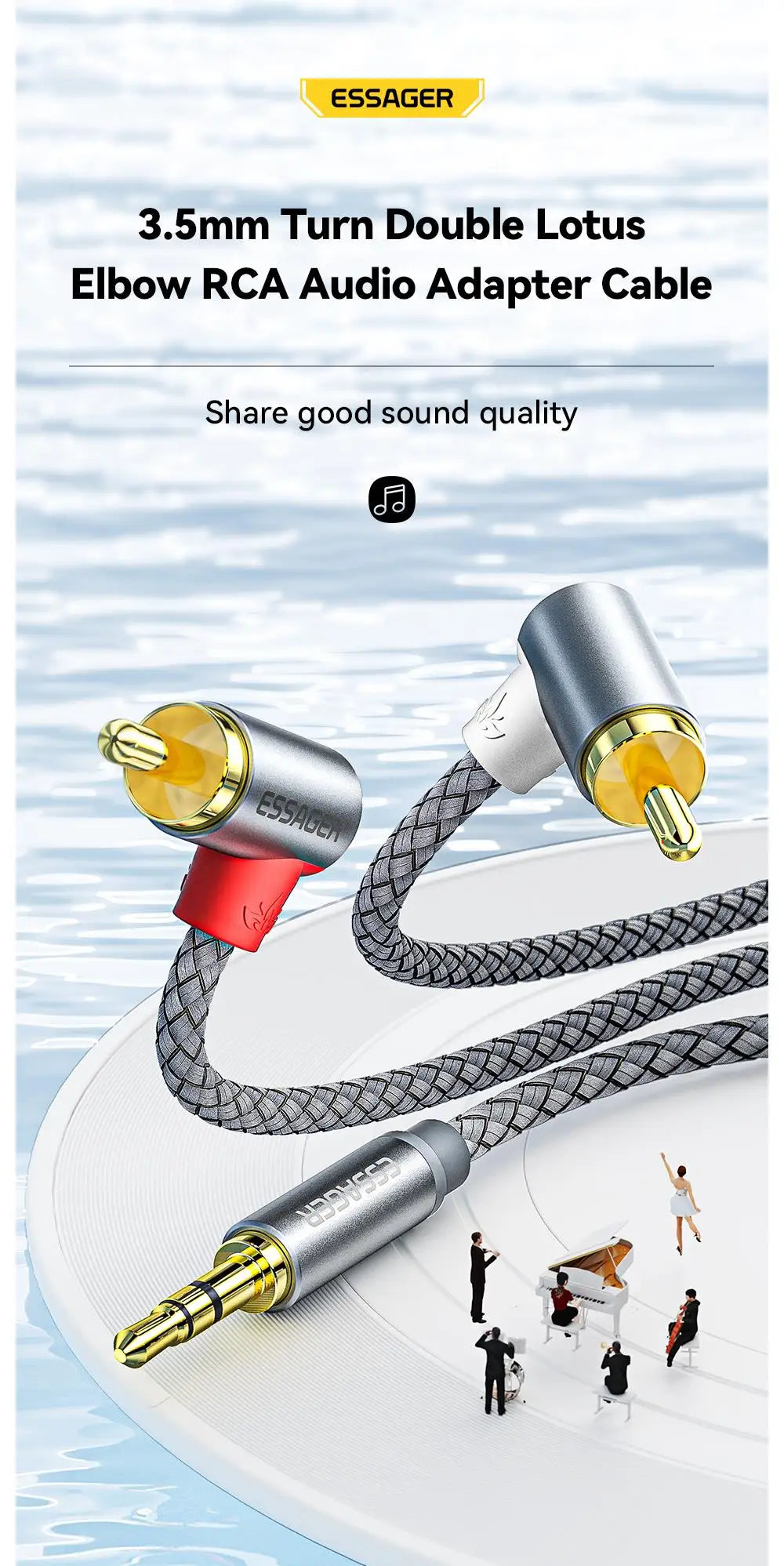 Essager 90 ° Angle RCA Audio Stereo Cable Jack 3.5mm to 2RCA Cable Splitter Male Adapter For Amplifiers Audio Home Theater Wire