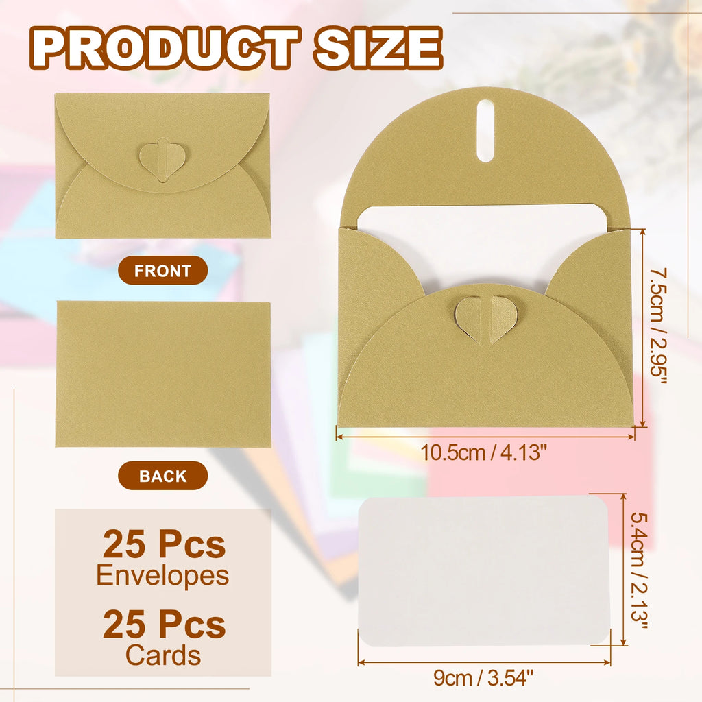 25Sets Mini Envelopes with Heart Clasp 9x5.4cm Blank Note Cards with 10.5x7.5cm Envelopes for Gift Wedding Invitation Graduation