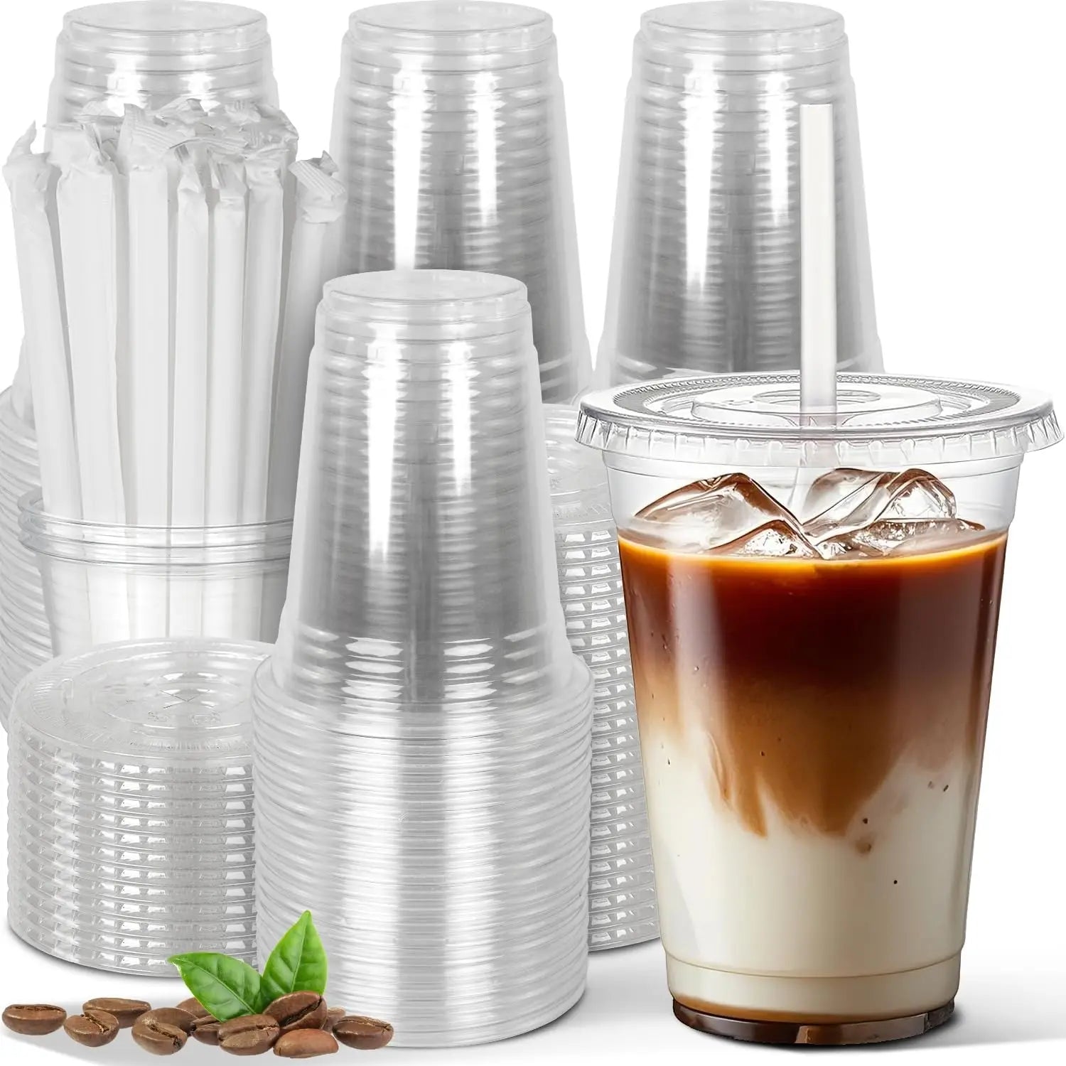 10-50 Sets 12/16 oz Plastic Cups with Lids and Straws, Disposable Cups for Iced Coffee, Smoothie, Milkshake, Cold Drinks - Clear