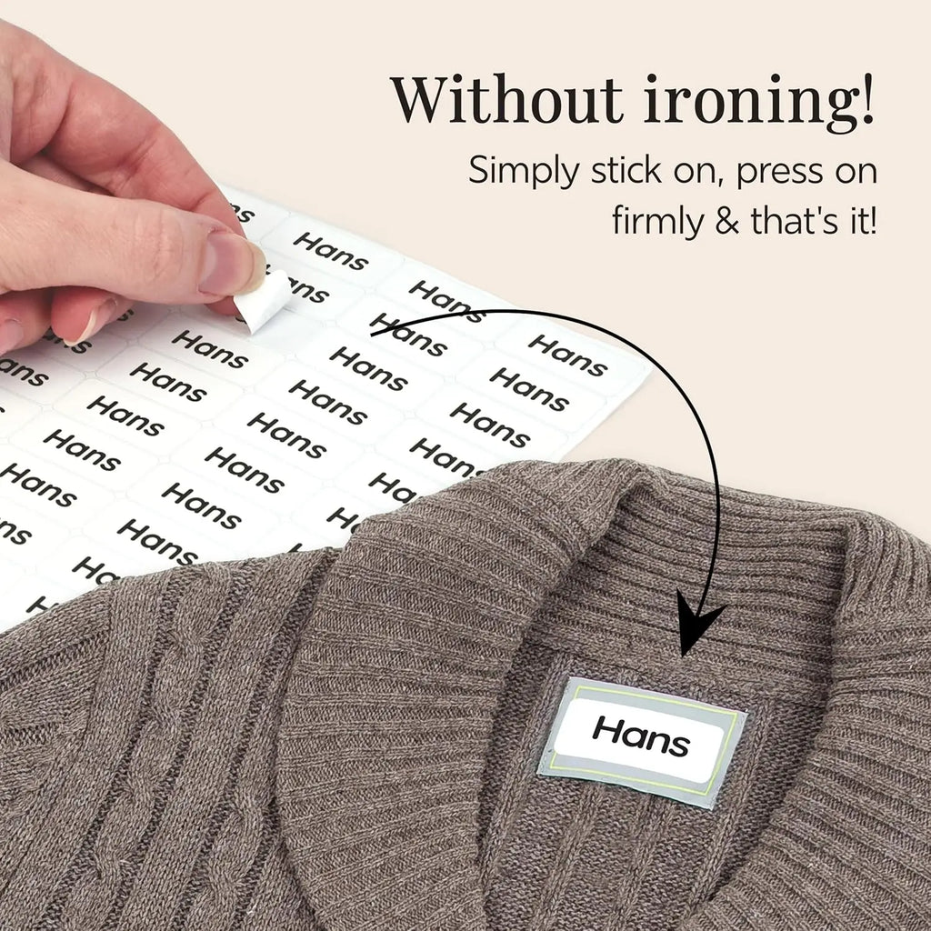 Custom Name Clothing Labels for Kids, Self-Adhesive Fabric Name Stickers, No-Iron Waterproof Washable Labels