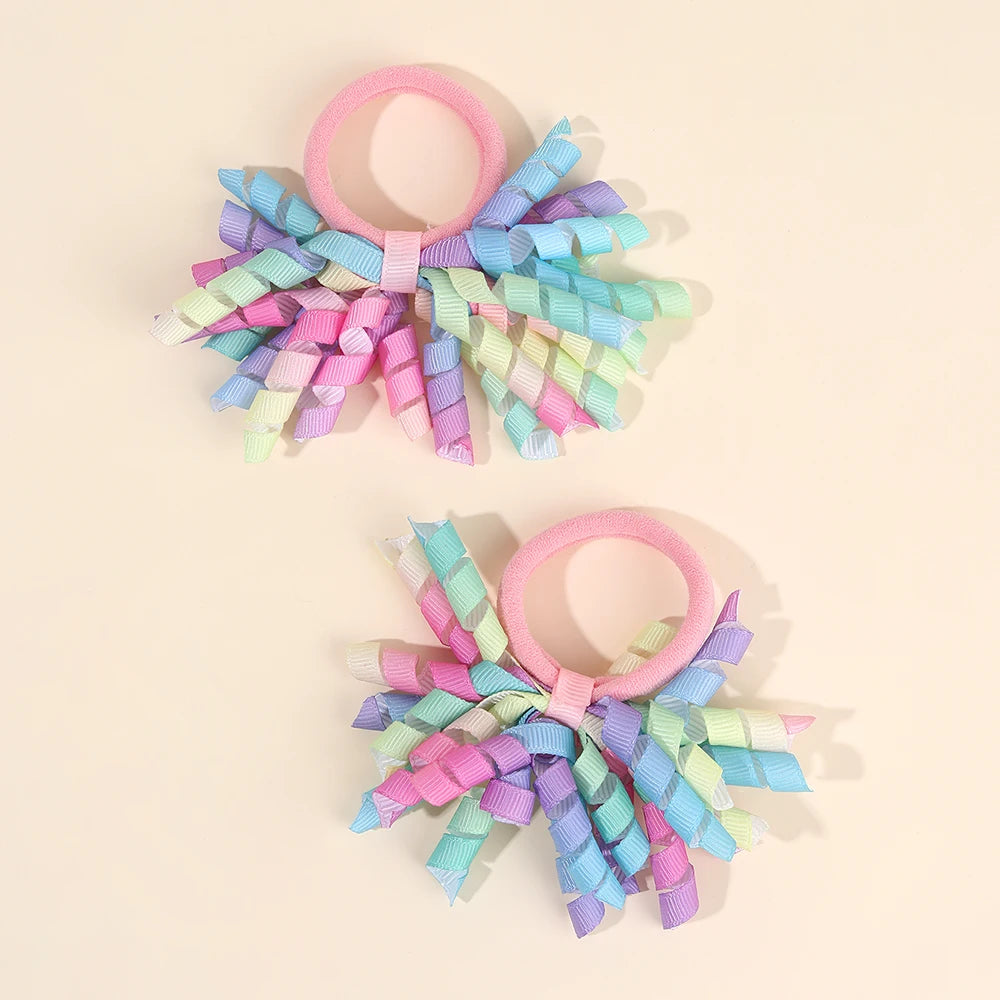 2Pcs Trendy Firework Hair Ties Rainbow Curly Ribbon Elastic Rubber Bands For Girls Kids Cute Hair Ropes Daily Hair Accessories