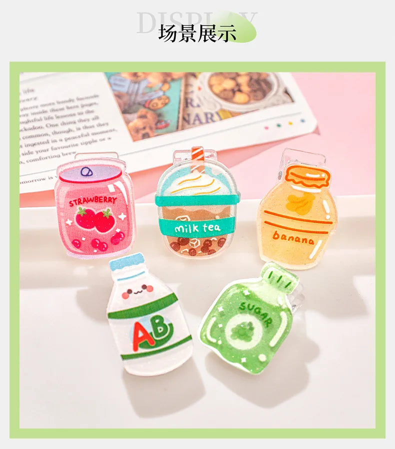 5pcs/lot Cartoon Beverage Bottle Clips Cute Acrylic Decorative Clips, Student Stationery Gifts, Test Paper Clips Ins Small Clips