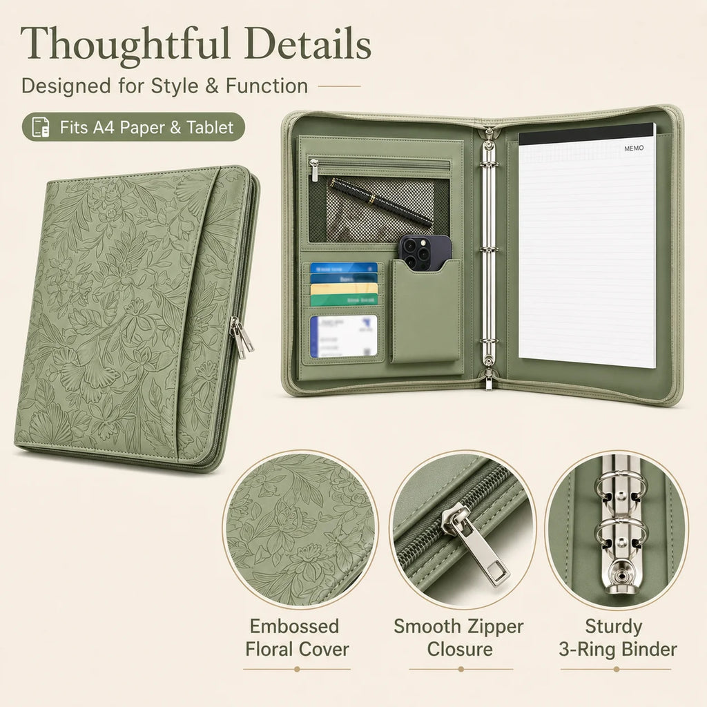 A4 Zippered Portfolio Organizer with 3-Ring Binder, Tablet Sleeve, Card Slots, Phone Pocket and Memo Pad