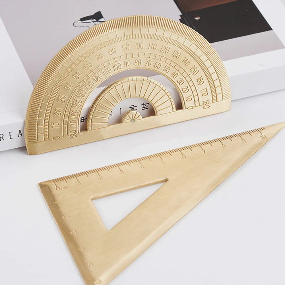 1Set Brass Triangle Ruler Drawing Measurement Straightedge Protractor Set for Professional Student Teacher Painting Use