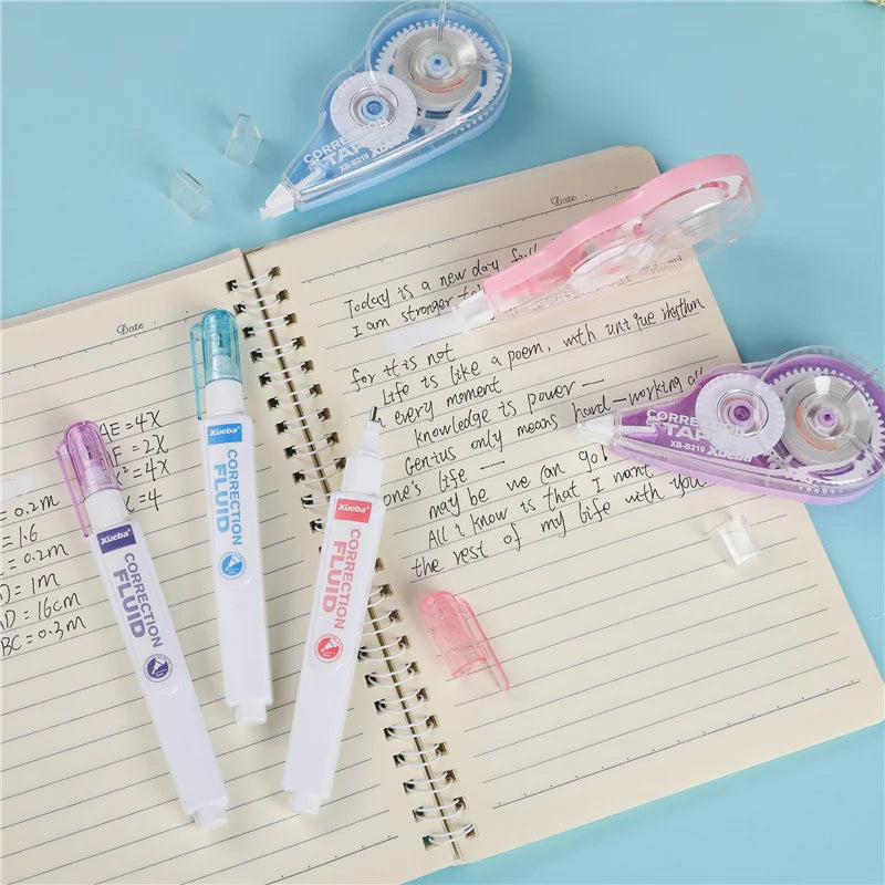 1 Correction Tape + 1 Correction Liquid Kawaii White Out Combo Quick Dry & Clean Finish Student Mistake Cover Tools Stationery