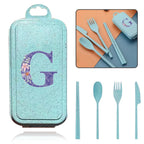 4Pcs Wheat Straw Cutlery Knife Spoon Fork Chopsticks Portable Set Plastic Detachable Dinnerware Purple Flower Letter Pattern