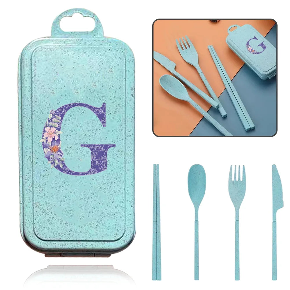 4Pcs Wheat Straw Cutlery Knife Spoon Fork Chopsticks Portable Set Plastic Detachable Dinnerware Purple Flower Letter Pattern