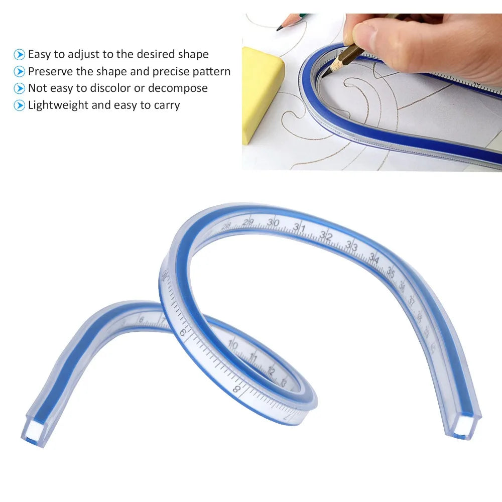 Durable Bendable Flexible Curve Ruler Double Side Graduated Plastic Metric Ruler Blue White Soft Measuring Tool Sewing